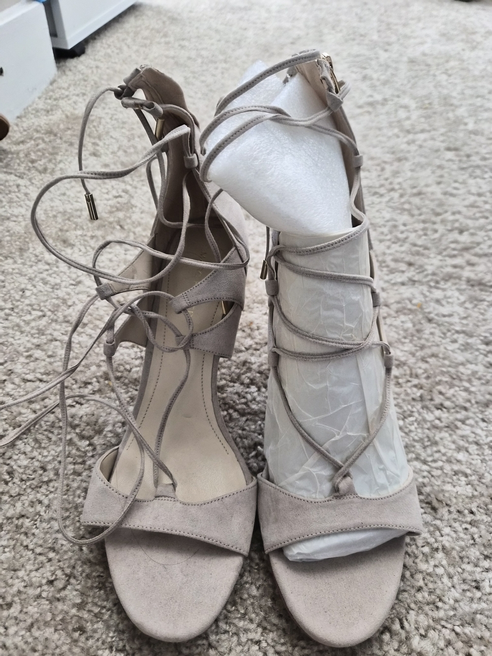 Marc Fisher Lace-Up Open-Toe Heels in Taupe Suede